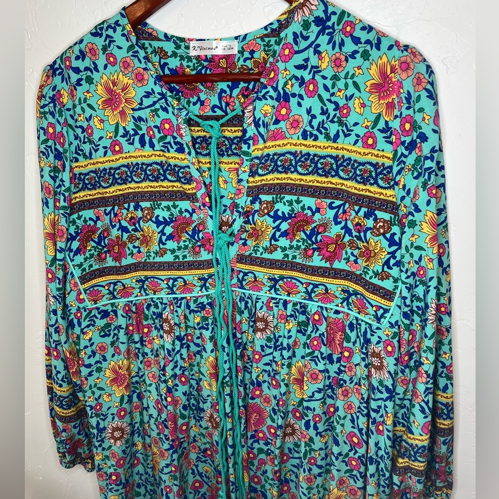 R VIVIMOS Bohemian Floral Midi Dress in Teal Size L - Picture 4 of 10
